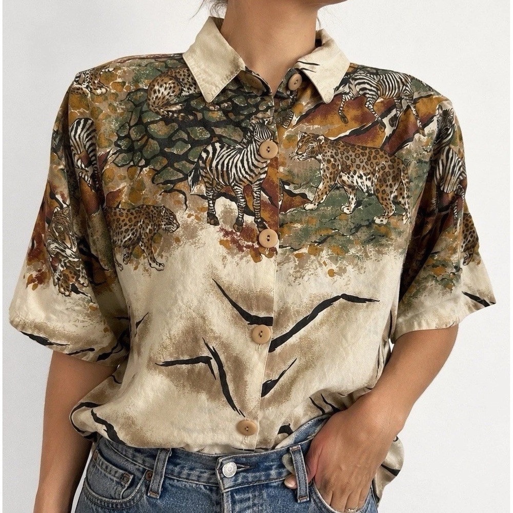 Vintage Denim Republic Safari Animal Print Button Shirt Womens M Zebra Leopard